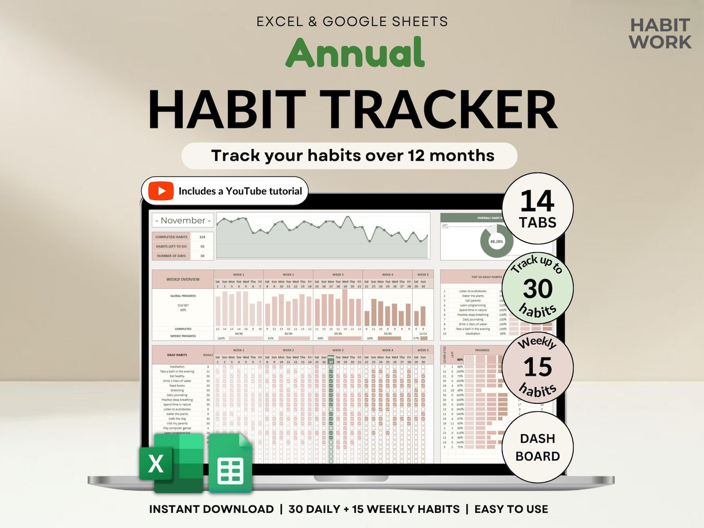 Habit Tracker for Excel & Google Sheets